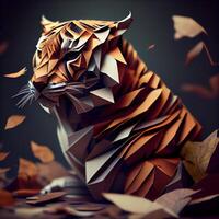 3d render of origami tiger with autumn leaves on dark background photo