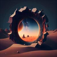 Hole in sand desert with sun and moon. 3d rendering photo