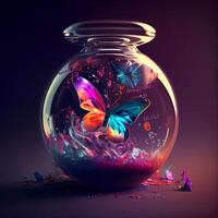 Colorful butterfly in a glass vase. 3D illustration. photo