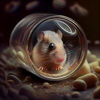 Hamster in a glass jar on a dark background. 3d rendering photo