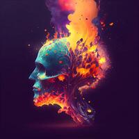 Abstract human skull with fire and smoke on dark background. illustration. photo