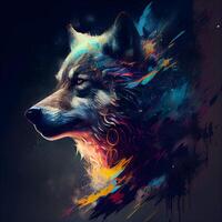 Portrait of a wolf with multicolored paint splashes. photo