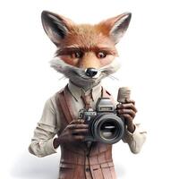 cute fox with a camera and money isolated on a white background photo