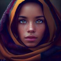 Portrait of a beautiful girl in a shawl on her head. photo