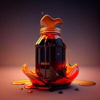 3d rendering of a bottle of syrup with a splash on a dark background photo