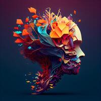 Abstract human head made of colorful geometric shapes on dark background. illustration. photo