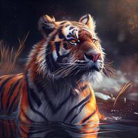 Tiger in the water. 3d illustration. Digital painting. photo