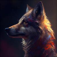 Digital painting of a wolf in red and blue colors on a black background photo