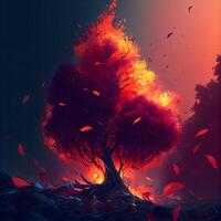 Burning tree in the forest. Environmental disaster. 3D rendering photo