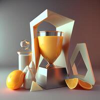 3d illustration of golden hourglass and oranges. Concept of time management photo