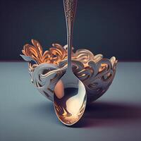 Spoon and vase with gold ornament. 3d illustration. photo