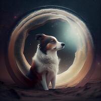 Funny dog looking out of the hole in the night sky. photo