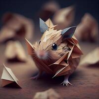 mouse origami from paper on a wooden background, 3d render photo