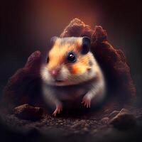 Hamster in a hole in the ground. 3D rendering. photo