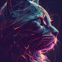 Futuristic cat portrait. 3D rendering. Neon lights. photo