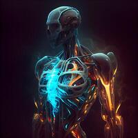 humano cuerpo anatomía hecho en 3d software con azul y naranja resplandor foto