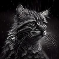 black and white drawing of a cat in the rain on a black background photo