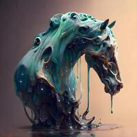 Horse made of glass with water splashes on a brown background photo