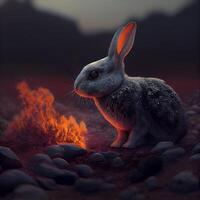 Rabbit with a fire in the background. 3D rendering. photo