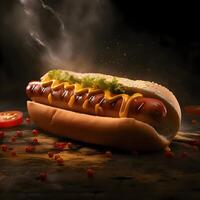 Hot dog with mustard and ketchup on a wooden background. Fast food. photo