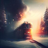 Train in the winter forest. Railway in the mountains at sunset. photo