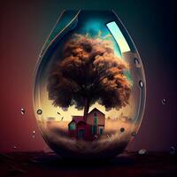 Tree in a glass bottle with a house in the background. 3D rendering photo