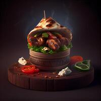 Burrito with meat and vegetables in a clay pot on a dark background photo