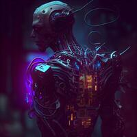 3d rendering of a female robot cyborg working in a dark space photo