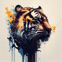 Tiger head with colorful paint splashes. Grunge background photo