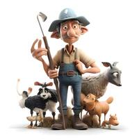 3D rendering of a cartoon farmer with various animals isolated on white background photo