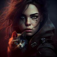 Portrait of a beautiful gothic girl with cat. Halloween. photo