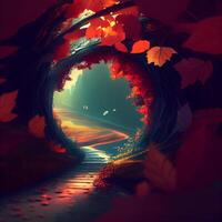 Autumn landscape with road and falling leaves. 3d illustration. photo