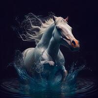 White horse splashing water, studio shot on dark background, square format photo