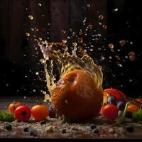 Eggplant with apricot on a black background with splashes of water. photo