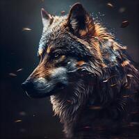Wolf portrait. Digital painting of a wolf in a dark forest. photo