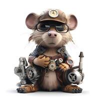 3D rendering of a little mouse as a steampunk isolated on white background photo