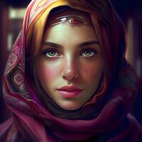 retrato de un hermosa musulmán mujer con oriental constituir. foto