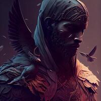 3d illustration of a fantasy warrior with a bird in his hand photo