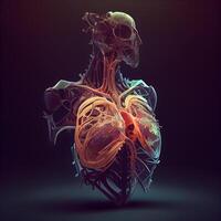 Human heart anatomy on dark background. 3D illustration. Human body. photo