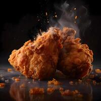 Fried chicken on a black background with smoke and water drops. photo