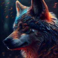 Portrait of a wolf with fire effect in the background. Digital painting. photo