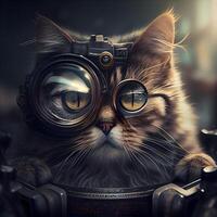 Cat in steampunk helmet and glasses. Photo in retro style.