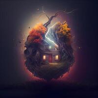 Illustration of a haunted house with lightning in the shape of a heart photo