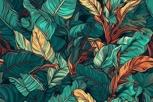 Hand-drawn tropical leaf tileable pattern. Foliar illustration. photo