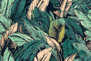foliar ilustración con selva vibras. dibujado a mano tropical exótico plantas y hojas sin costura modelo. ai generado foto