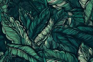 Jungle hand-drawn tropical foliar seamless pattern. Leaf illustration. photo