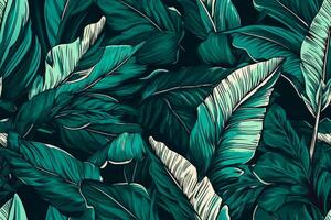 Hand-drawn tropical leaf seamless pattern with summer vibes. Floral illustration for creative artwork. photo