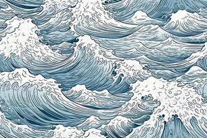 mano dibujado Oceano navegar ola sin costura modelo. ondulado ilustración en línea Arte. generativo ai foto