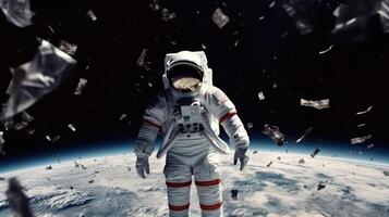 3d realista, un astronauta en un traje espacial moscas en espacio en contra el antecedentes de el planeta.. creado con generativo ai foto