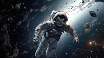 3d realista, un astronauta en un traje espacial moscas en espacio en contra el antecedentes de el planeta.. creado con generativo ai foto
